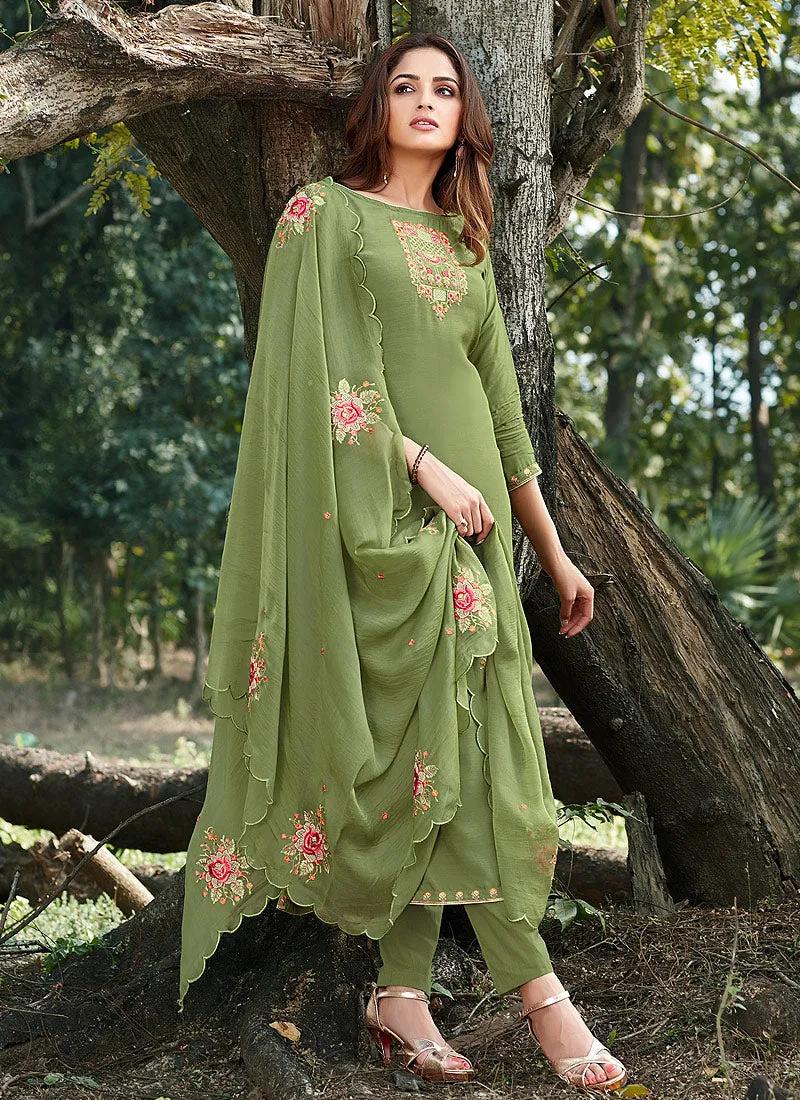 Green Embroidered Cotton Silk Pants Style Suit