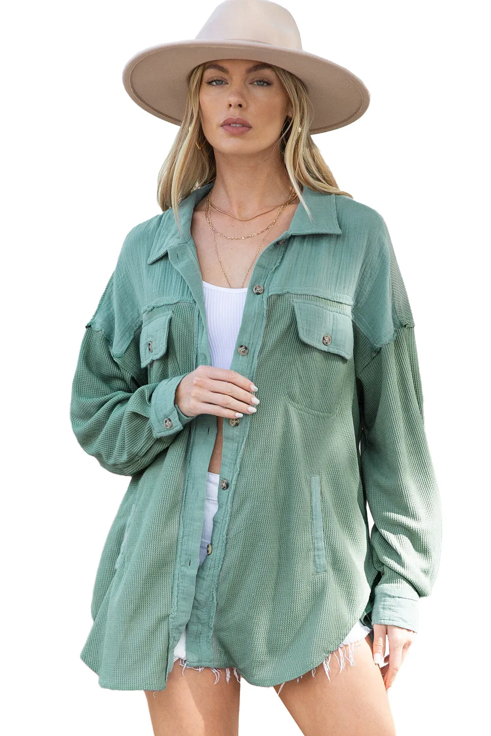 Green Mix Textured Stitching Flap Pocket Tunic Shacket