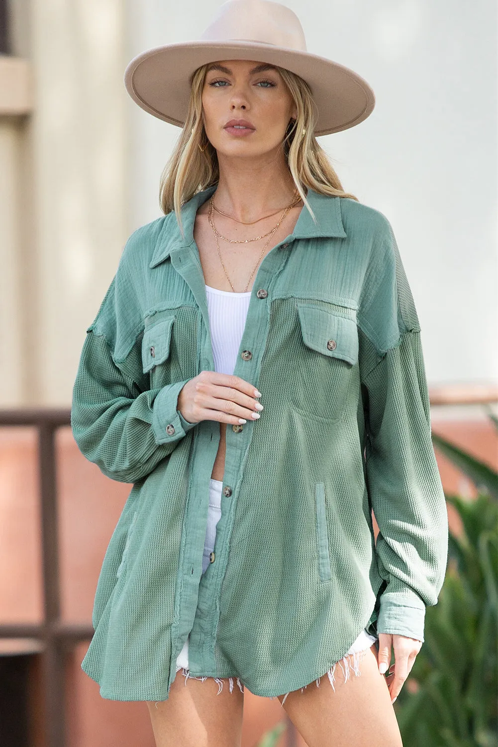 Green Mix Textured Stitching Flap Pocket Tunic Shacket