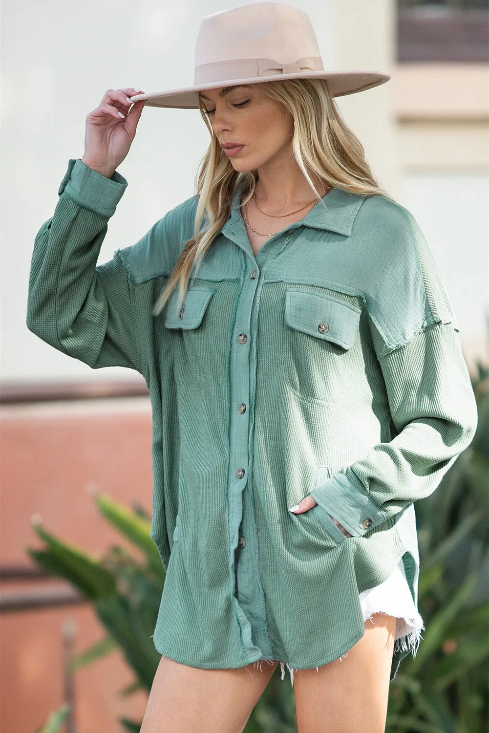 Green Mix Textured Stitching Flap Pocket Tunic Shacket