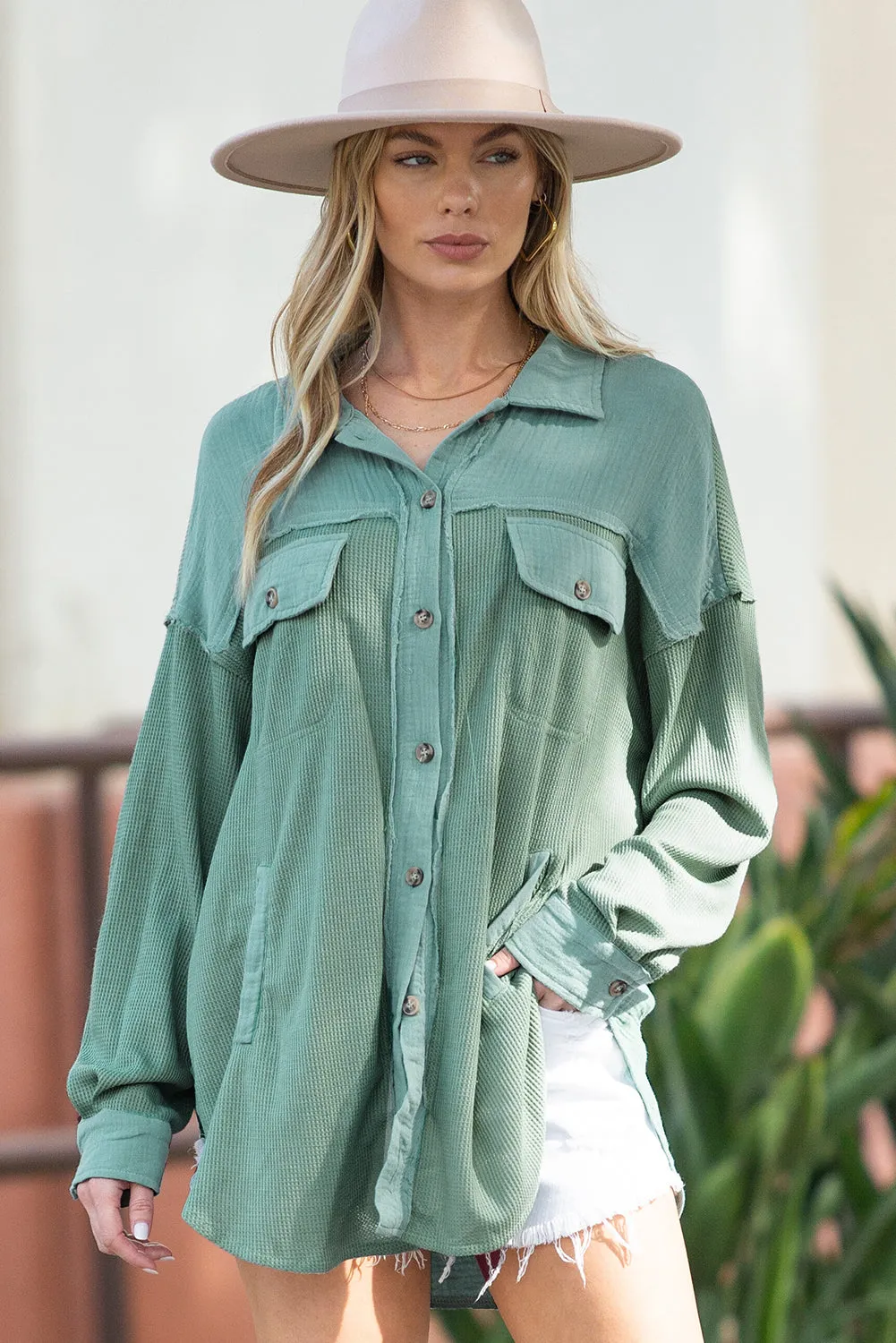 Green Mix Textured Stitching Flap Pocket Tunic Shacket