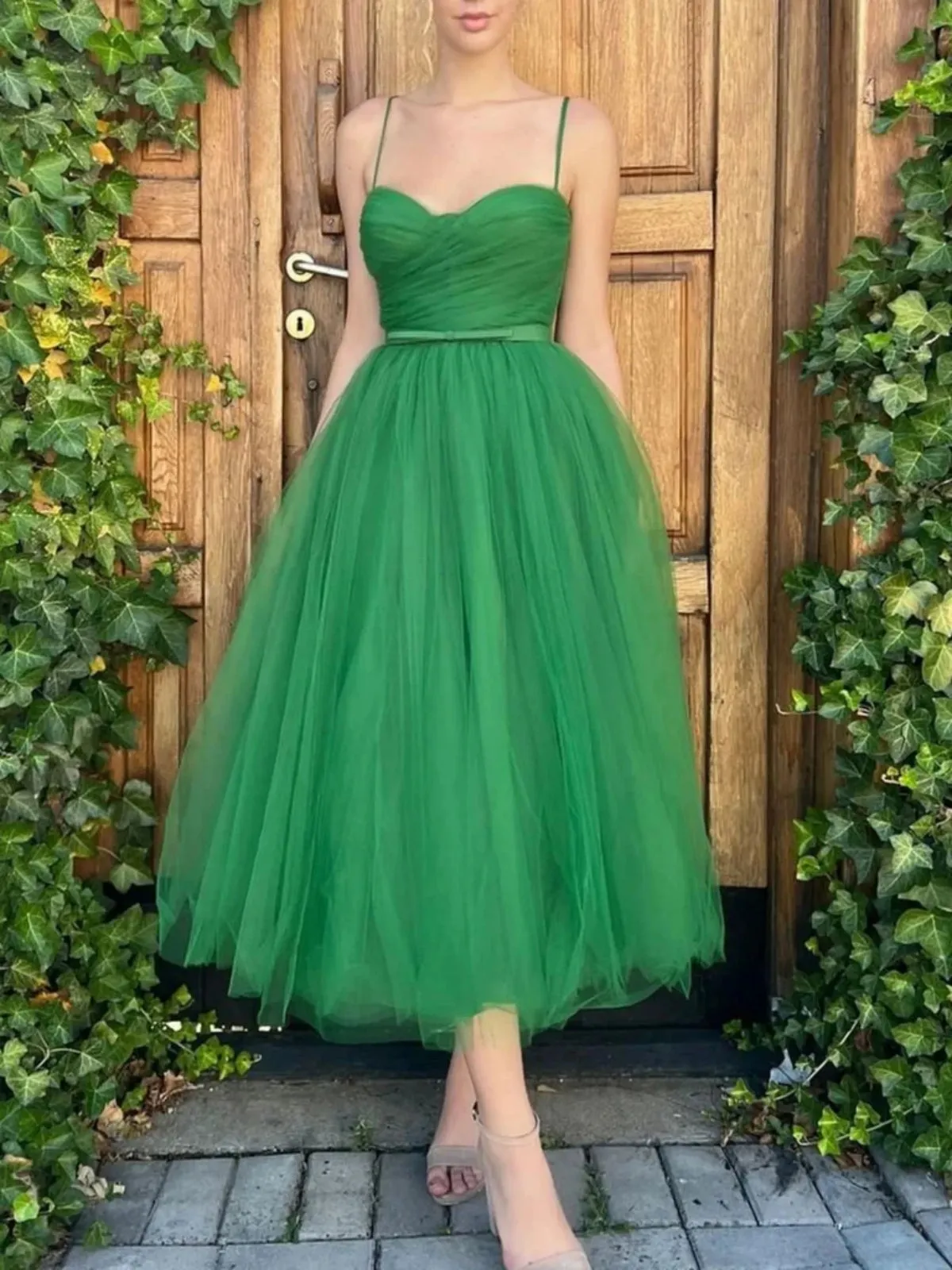 Green Tulle Tea Length Prom Dresses, Short Green Homecoming Dresses, Green Formal Evening Dresses