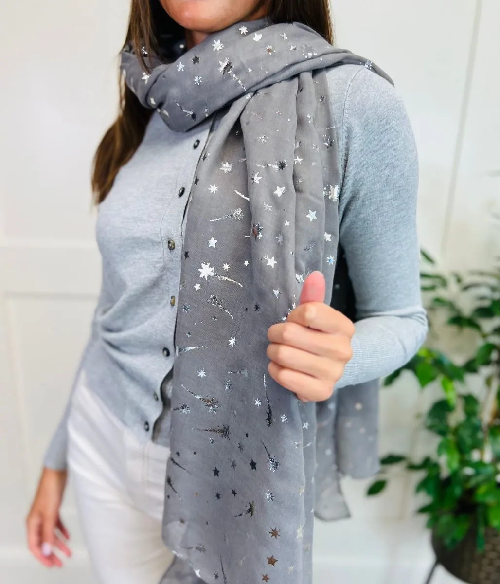 Grey Foil Shooting Stars Print Scarf