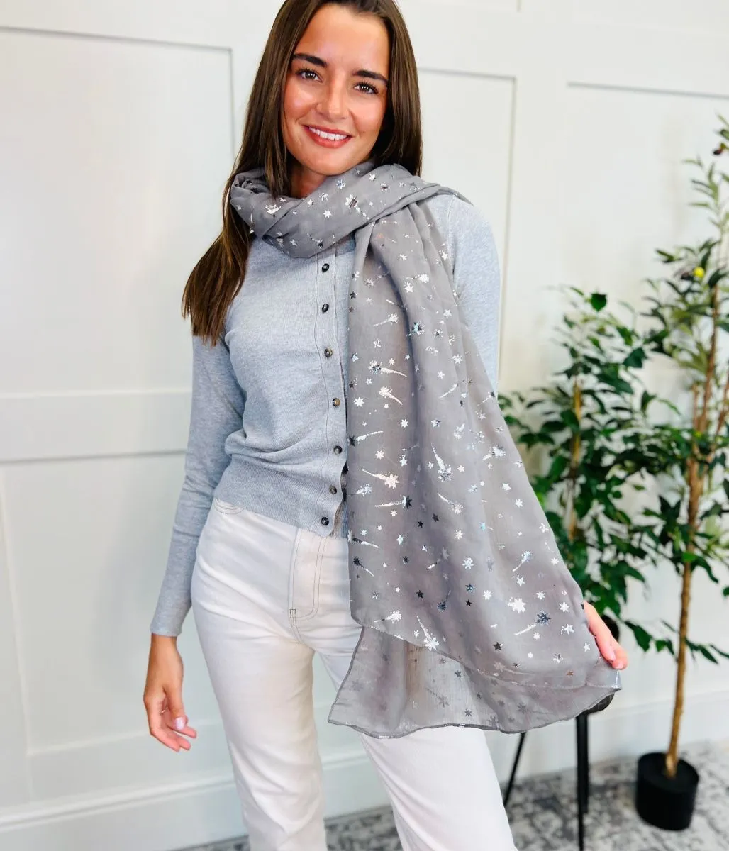 Grey Foil Shooting Stars Print Scarf