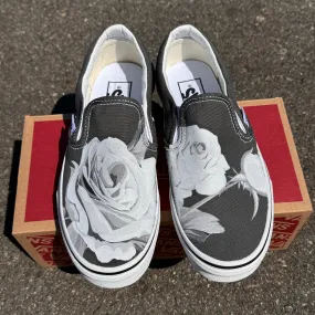 Greyscale Rose on Custom Charcoal Slip On Vans Shoes for Women and Men