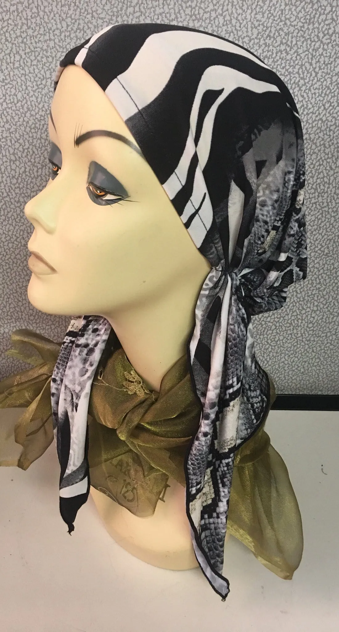 Head Scarf To Cover & Conceal Your Hair. Animal Print Black & Grey Pre-Tied