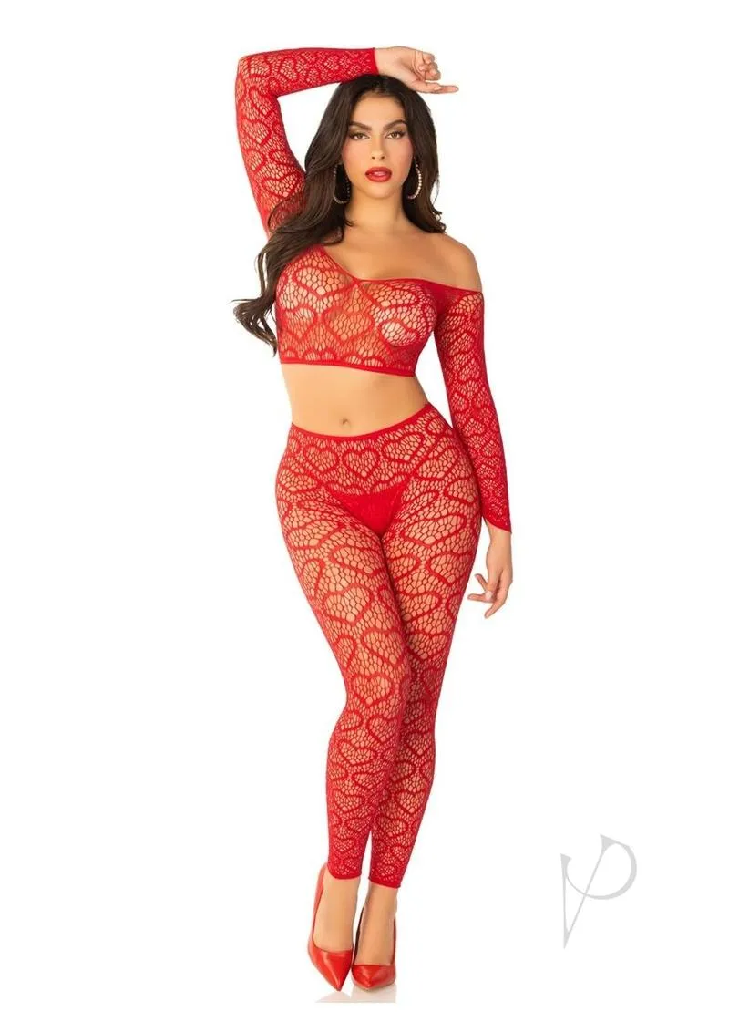 Heart Off Shoulder Footles Tights Red Os