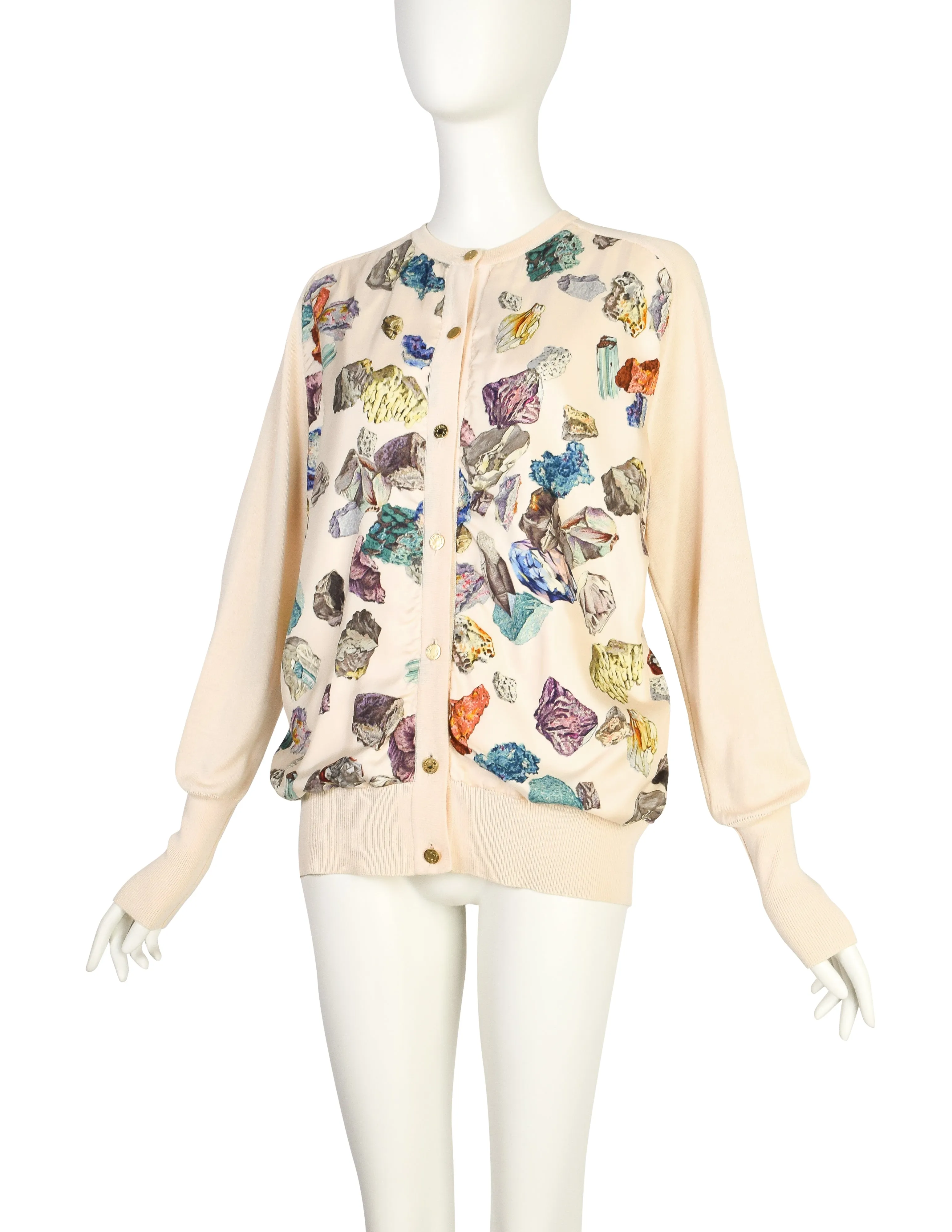 Hermes Vintage SS 1990 Mineraux by Hugo Grygkar Cream Silk Scarf Cotton Knit Cardigan Sweater