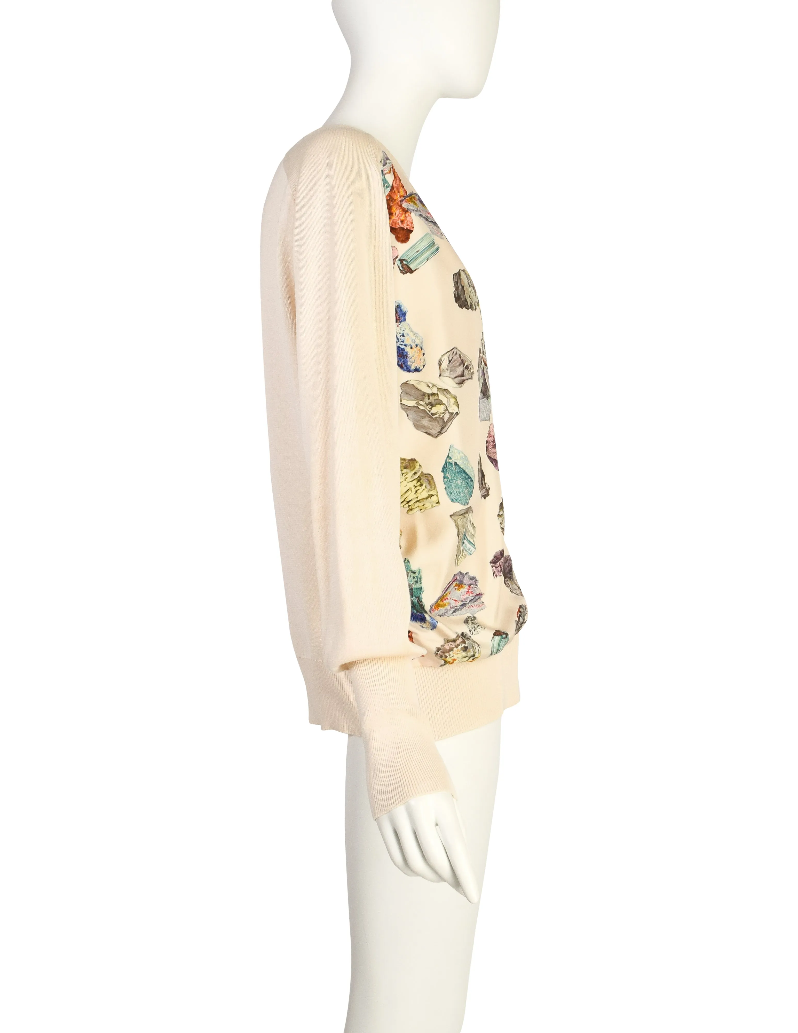 Hermes Vintage SS 1990 Mineraux by Hugo Grygkar Cream Silk Scarf Cotton Knit Cardigan Sweater