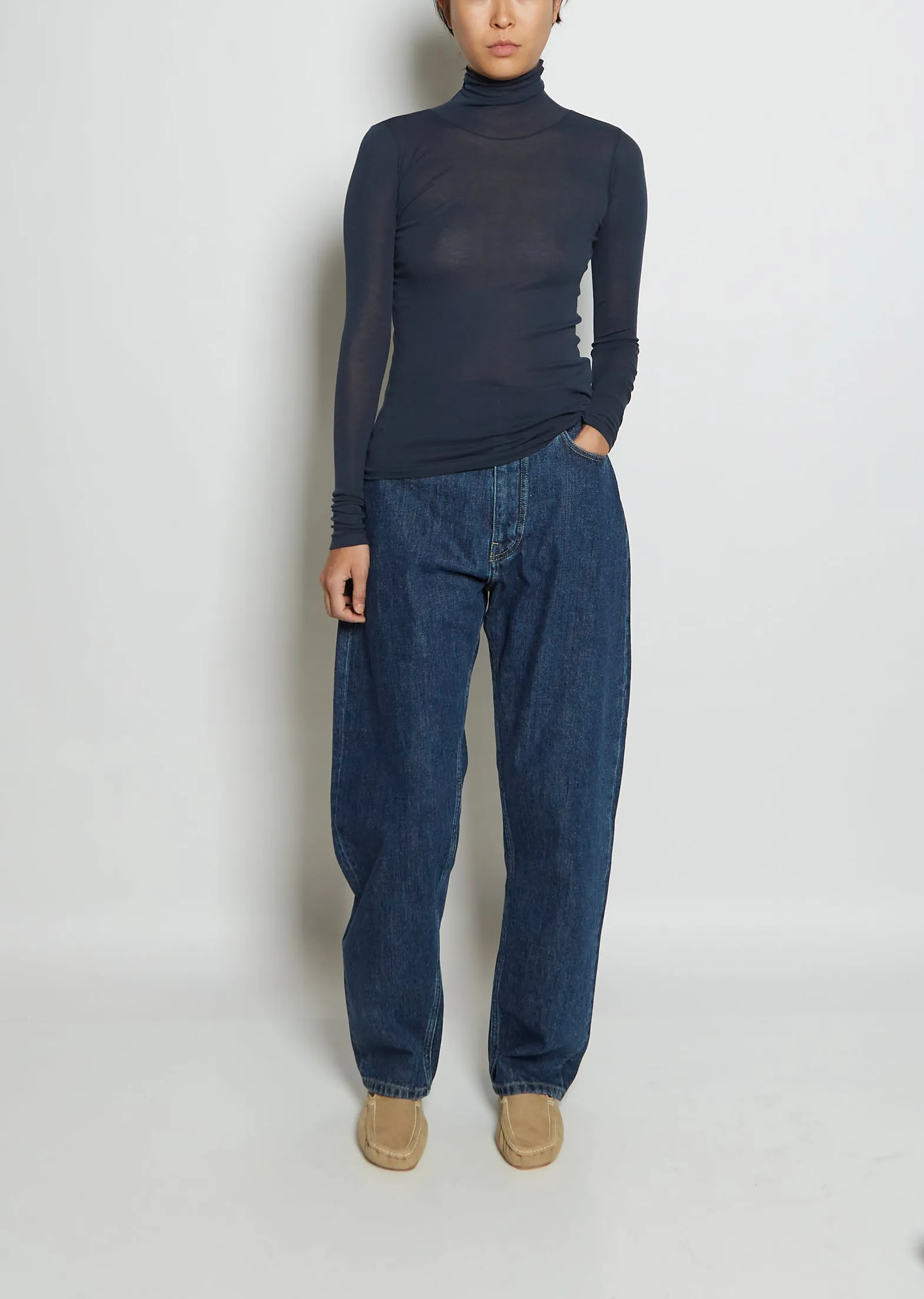 High Gauge Sheer Cotton Rib Turtleneck — Navy Blue