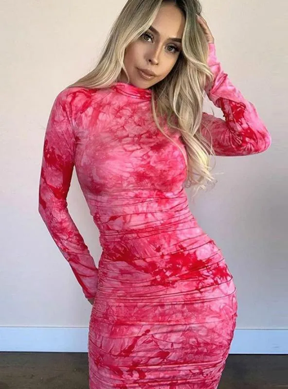 HIGH QUALITY PRINT TURTLENECK BODYCON MIDI DRESS