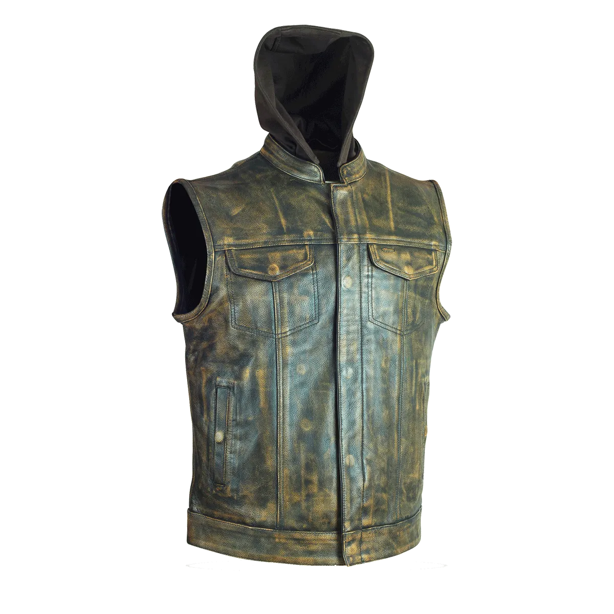 HMM914HDB Distressed Brown Motorcycle Club Leather Vest with Hood