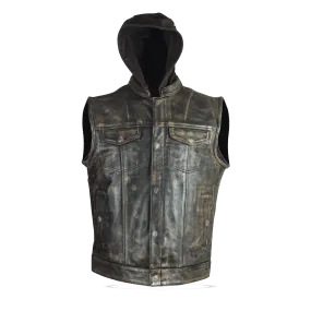 HMM914HDB Distressed Brown Motorcycle Club Leather Vest with Hood