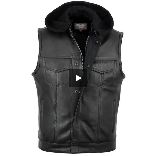 HMM914HDB Distressed Brown Motorcycle Club Leather Vest with Hood