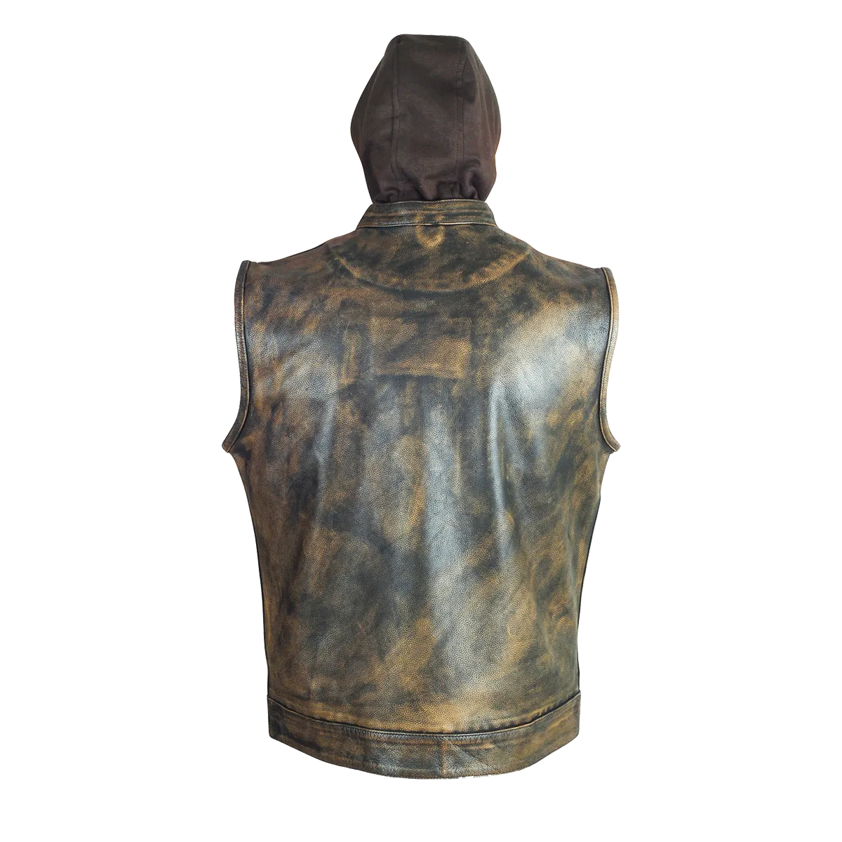 HMM914HDB Distressed Brown Motorcycle Club Leather Vest with Hood