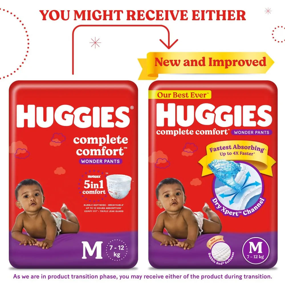 Huggies Complete Comfort Wonder Pants Medium (M) Size (7-12 Kgs) Baby Diaper Pants, 228 count| India's Fastest Absorbing Diaper with upto 4x faster absorption | Unique Dry Xpert Channel