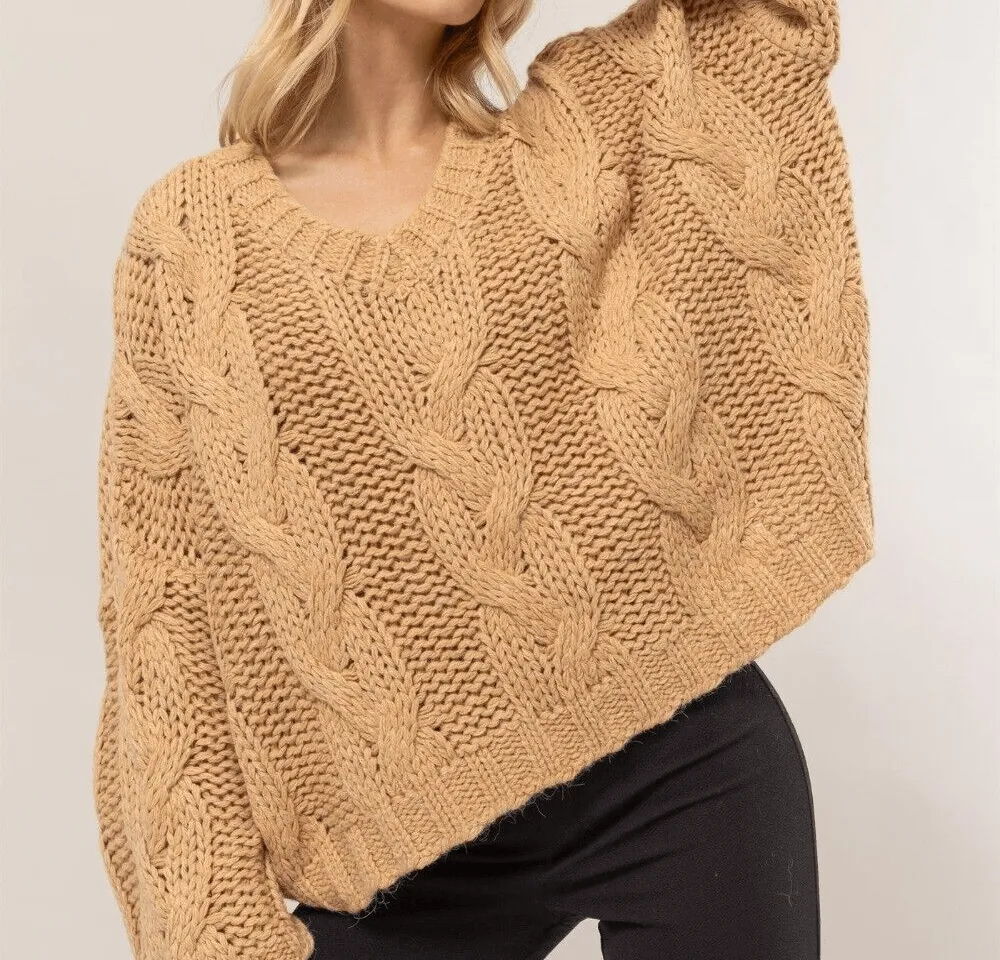 HYFVE Cable Knit Sweater Usa Stock V-Neck Oversized Long Sleeve Pullover