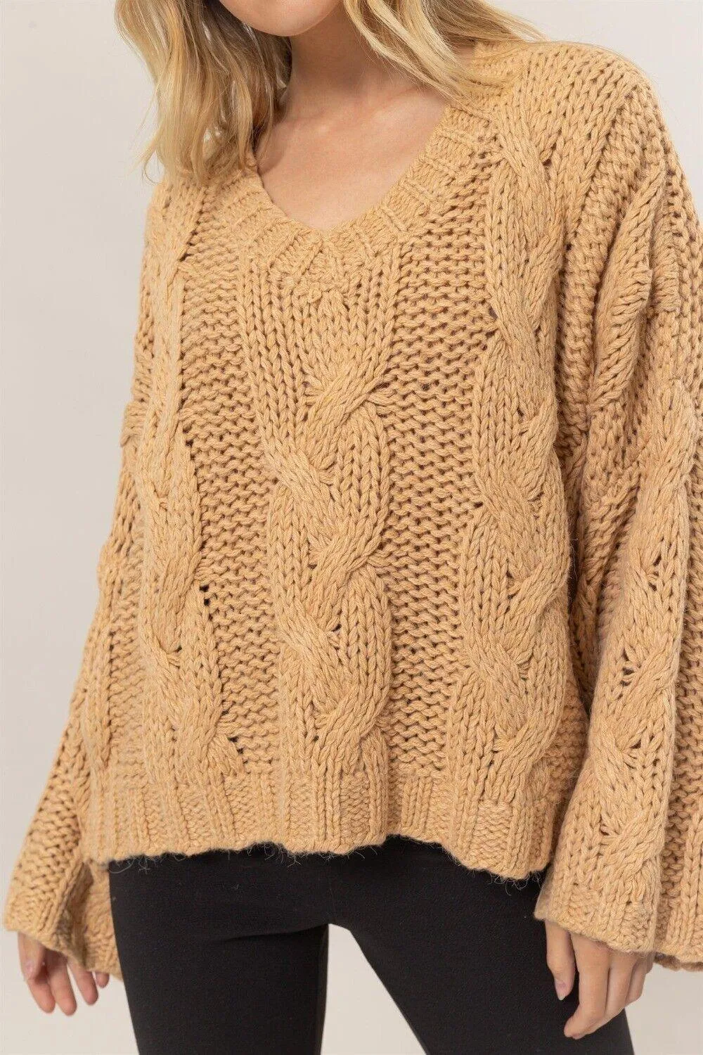 HYFVE Cable Knit Sweater Usa Stock V-Neck Oversized Long Sleeve Pullover