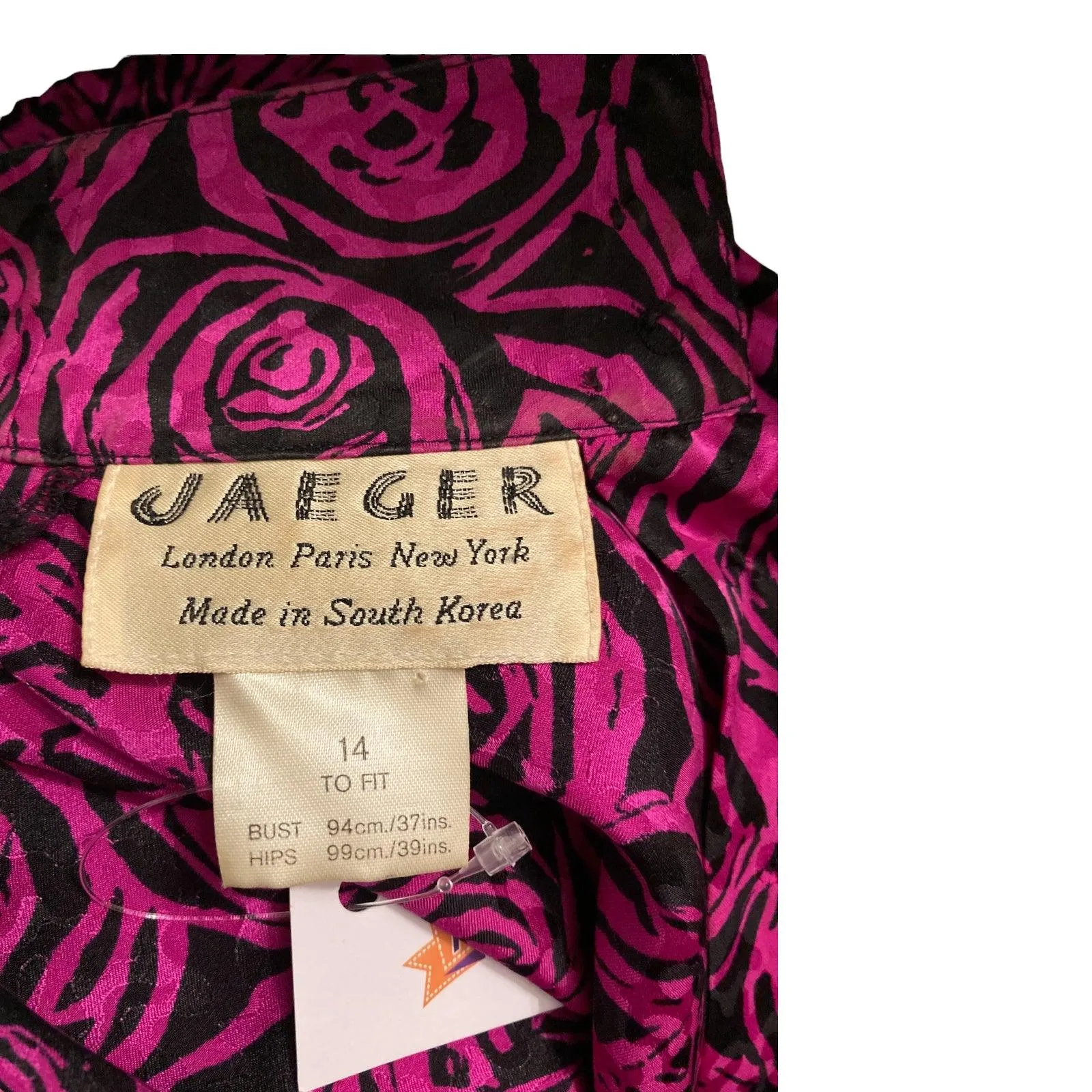 Jaeger Vintage Silk Pink/Black Rose Patterened 1/2 Sleeve Dress UK Size 14qA a