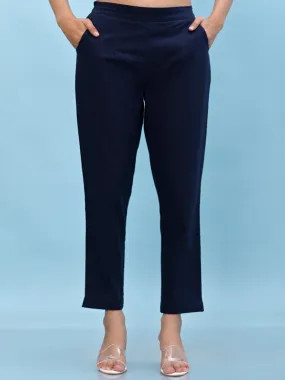 Jashvi Women Navy Blue Solid Cotton Pants with Partially Elasticated Waistband and Two Side Pockets