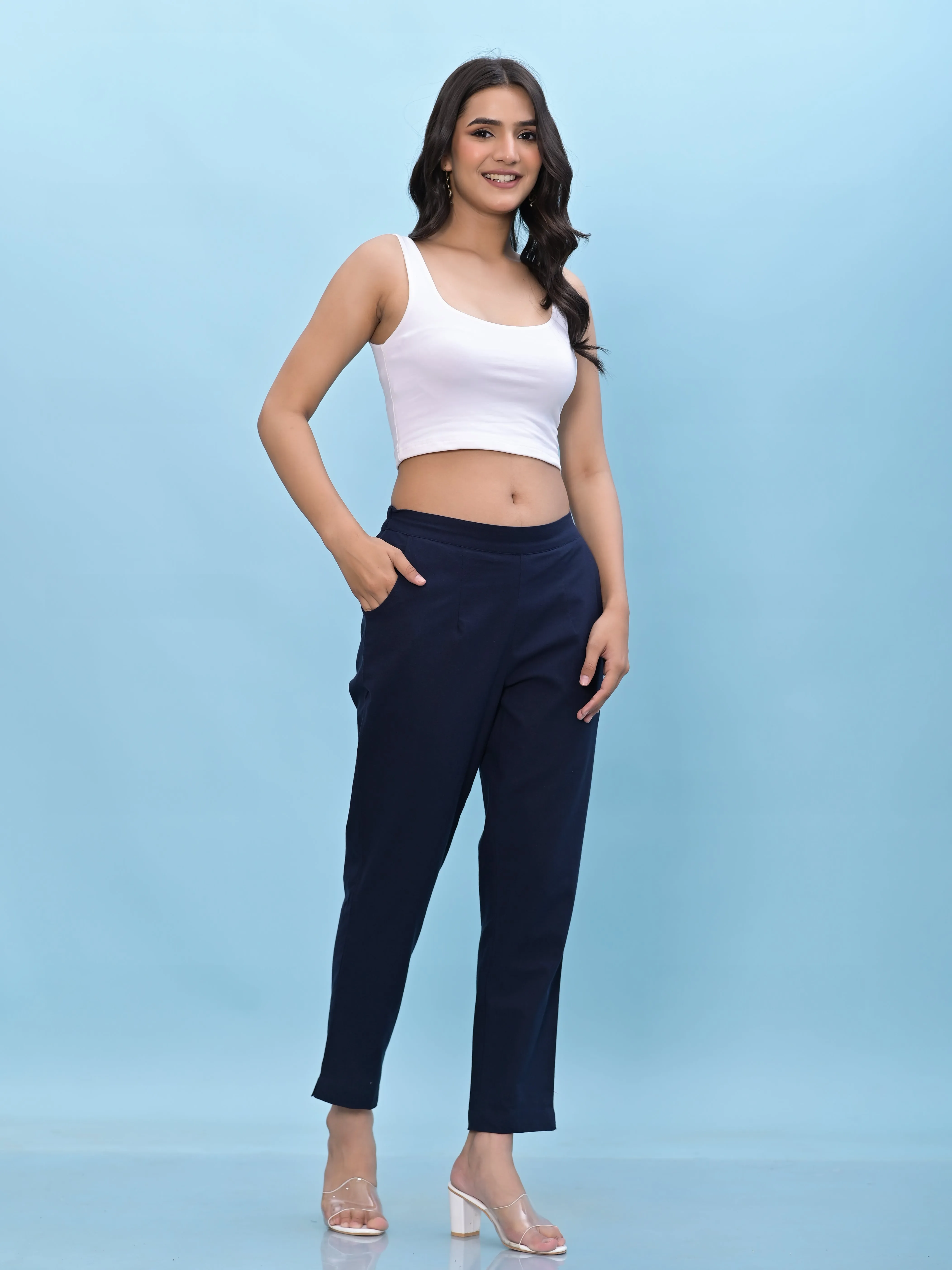 Jashvi Women Navy Blue Solid Cotton Pants with Partially Elasticated Waistband and Two Side Pockets