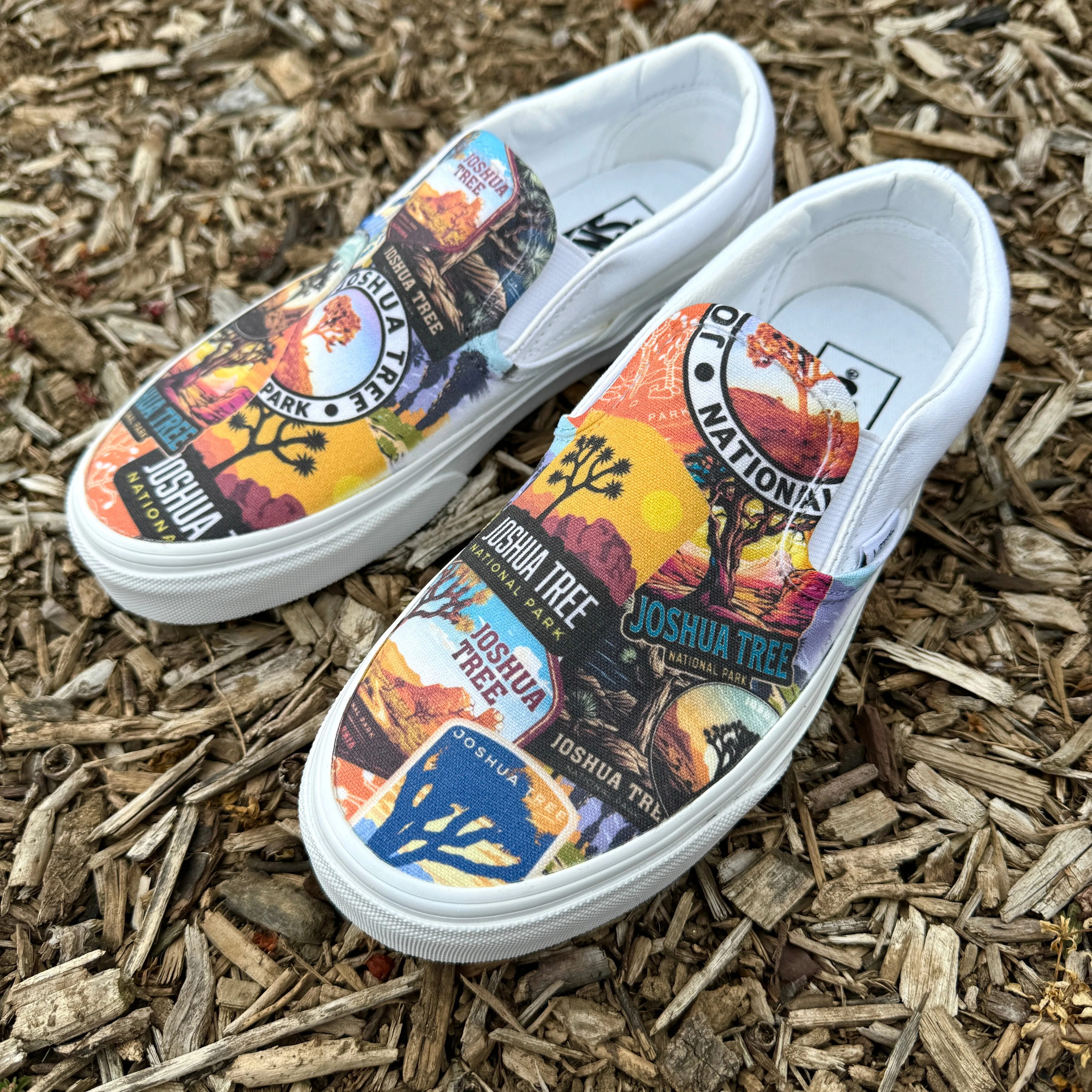 Joshua Tree National Park - Custom Vans White Slip On Shoes