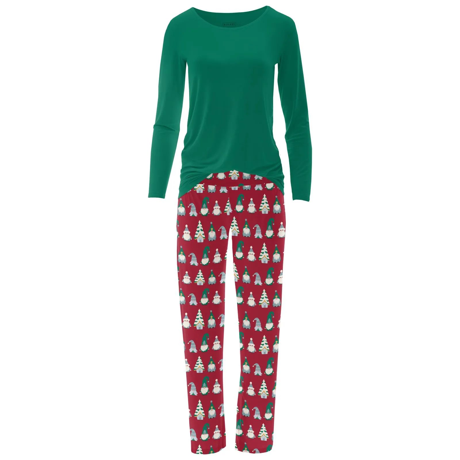 Kickee Pants Women's Print Long Sleeve Relaxed Tee & Pajama Pants Set - Crimson Gnomes