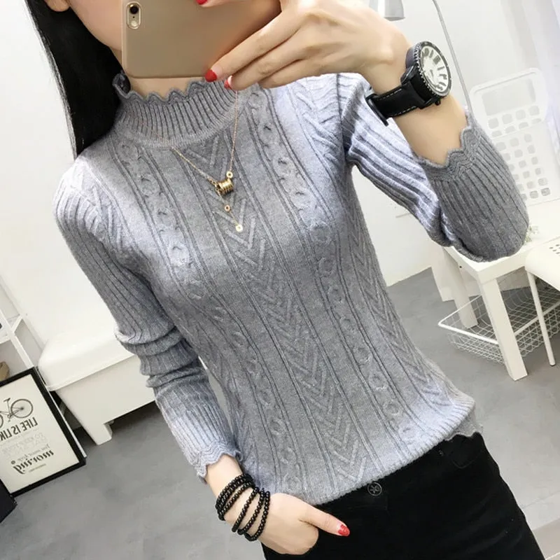 Korean winter sweater female half turtleneck sleeve head bottoming Shirt Short slim slim knit thickened solid twist