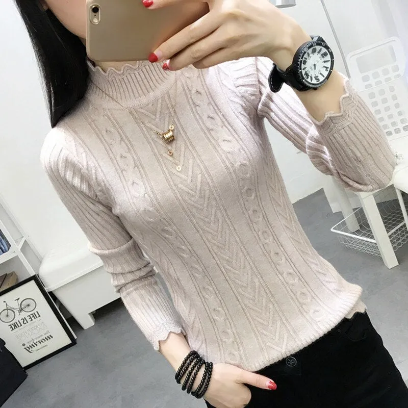 Korean winter sweater female half turtleneck sleeve head bottoming Shirt Short slim slim knit thickened solid twist