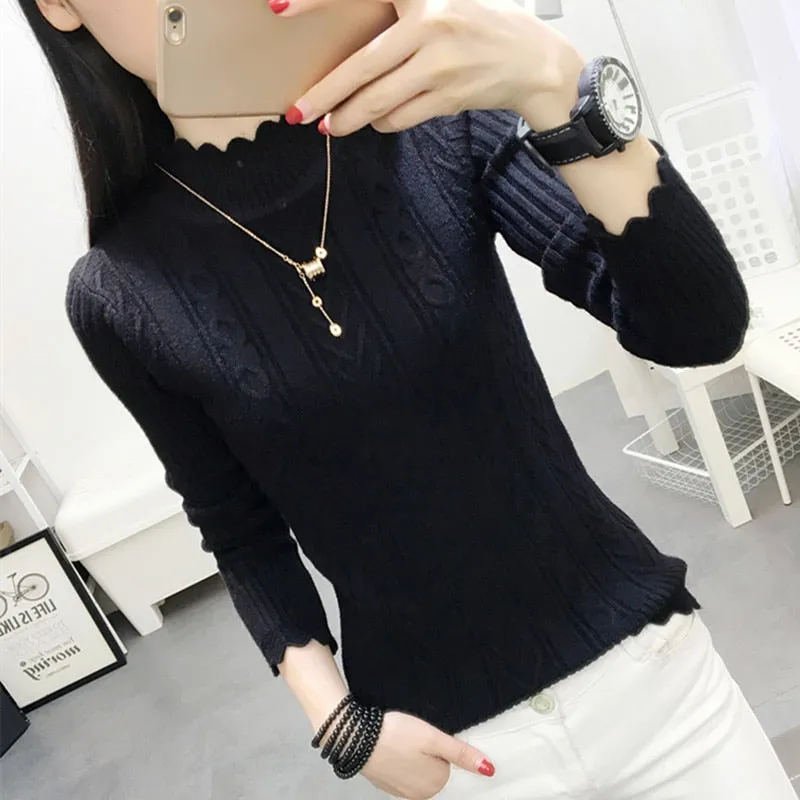 Korean winter sweater female half turtleneck sleeve head bottoming Shirt Short slim slim knit thickened solid twist