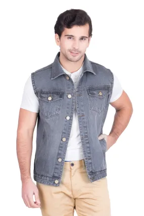 Krossstitch Sleeveless Light Tinted Grey Men's Denim Jacket with Brass Button