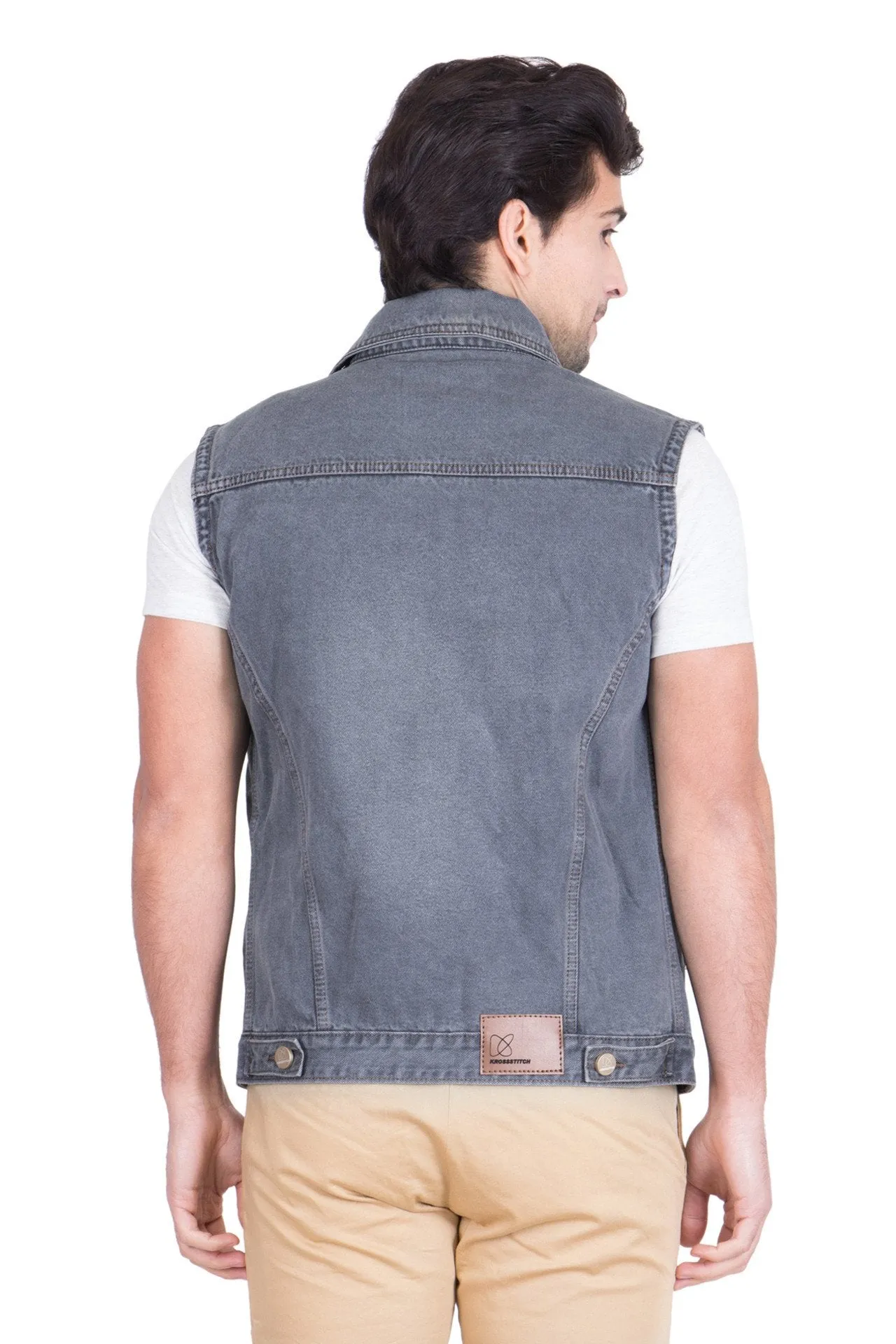 Krossstitch Sleeveless Light Tinted Grey Men's Denim Jacket with Brass Button