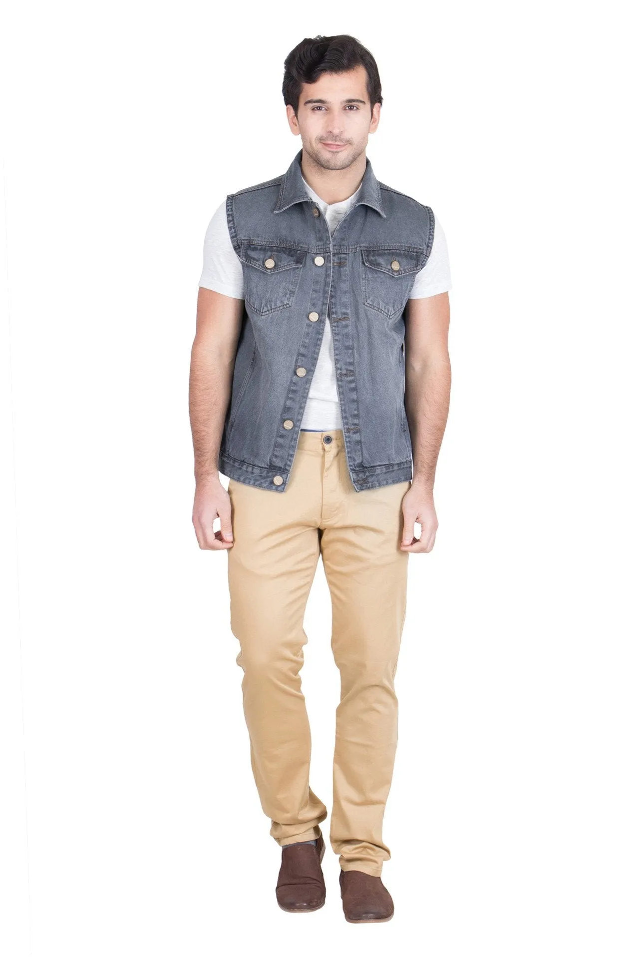 Krossstitch Sleeveless Light Tinted Grey Men's Denim Jacket with Brass Button