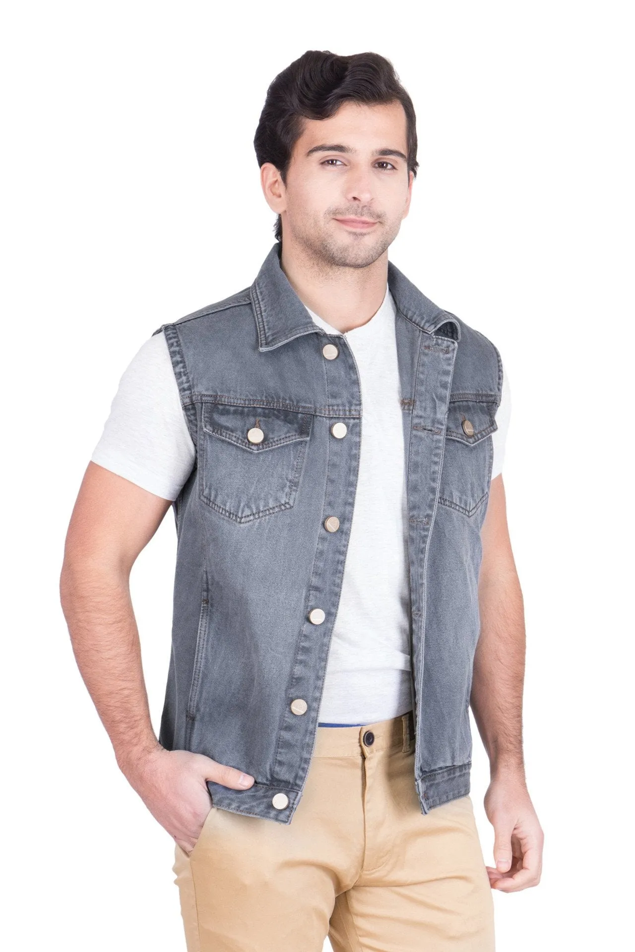 Krossstitch Sleeveless Light Tinted Grey Men's Denim Jacket with Brass Button