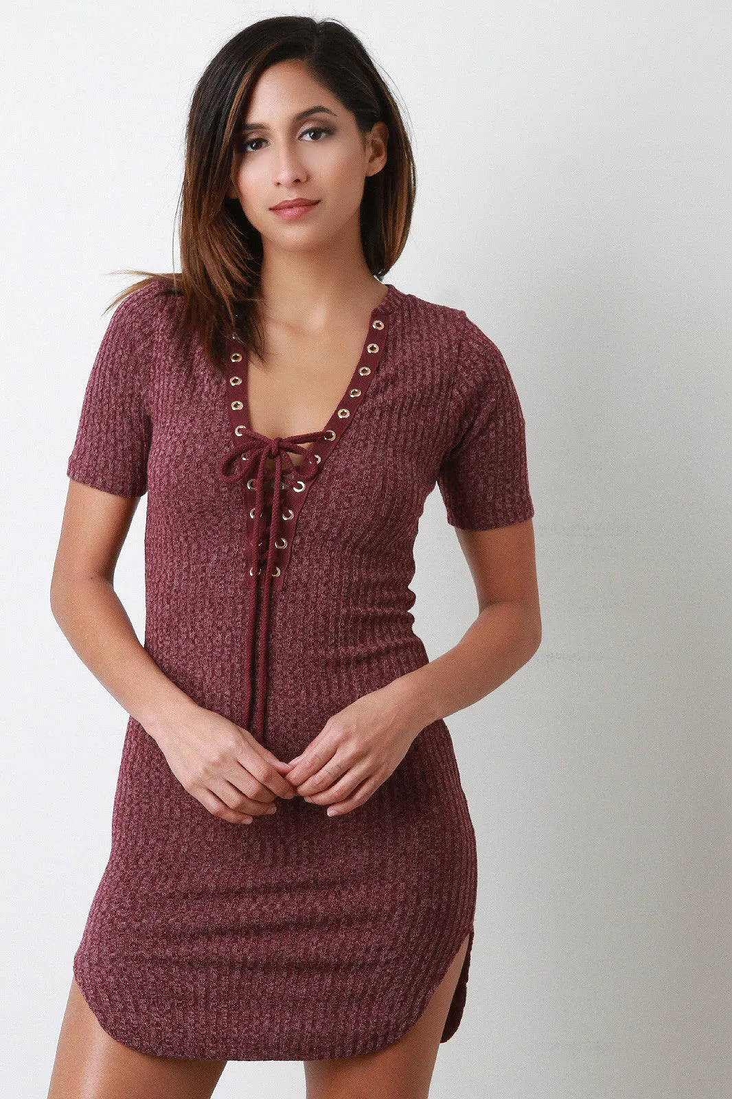 Lace Up Short Sleeve Ribbed Bodycon Dress