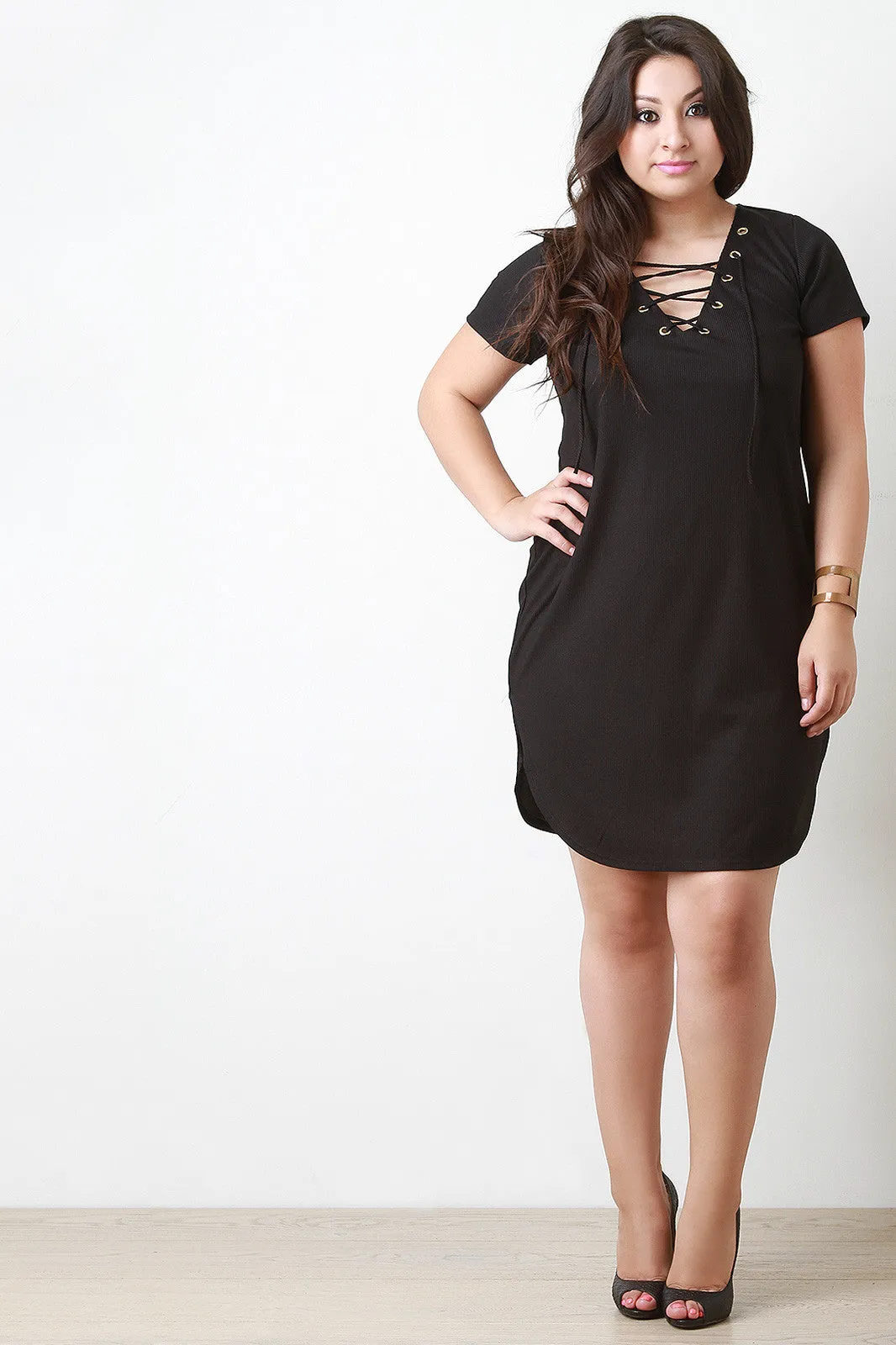 Lace Up V Neck Rib Knit Dress