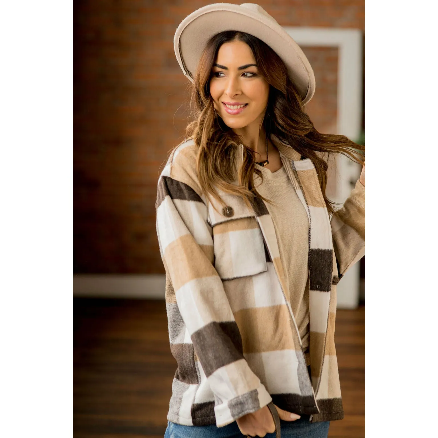 Large Neutral Checkered Print Shacket