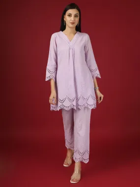 Lavender Embroidered Cotton Kurta with Pants- Set of 2