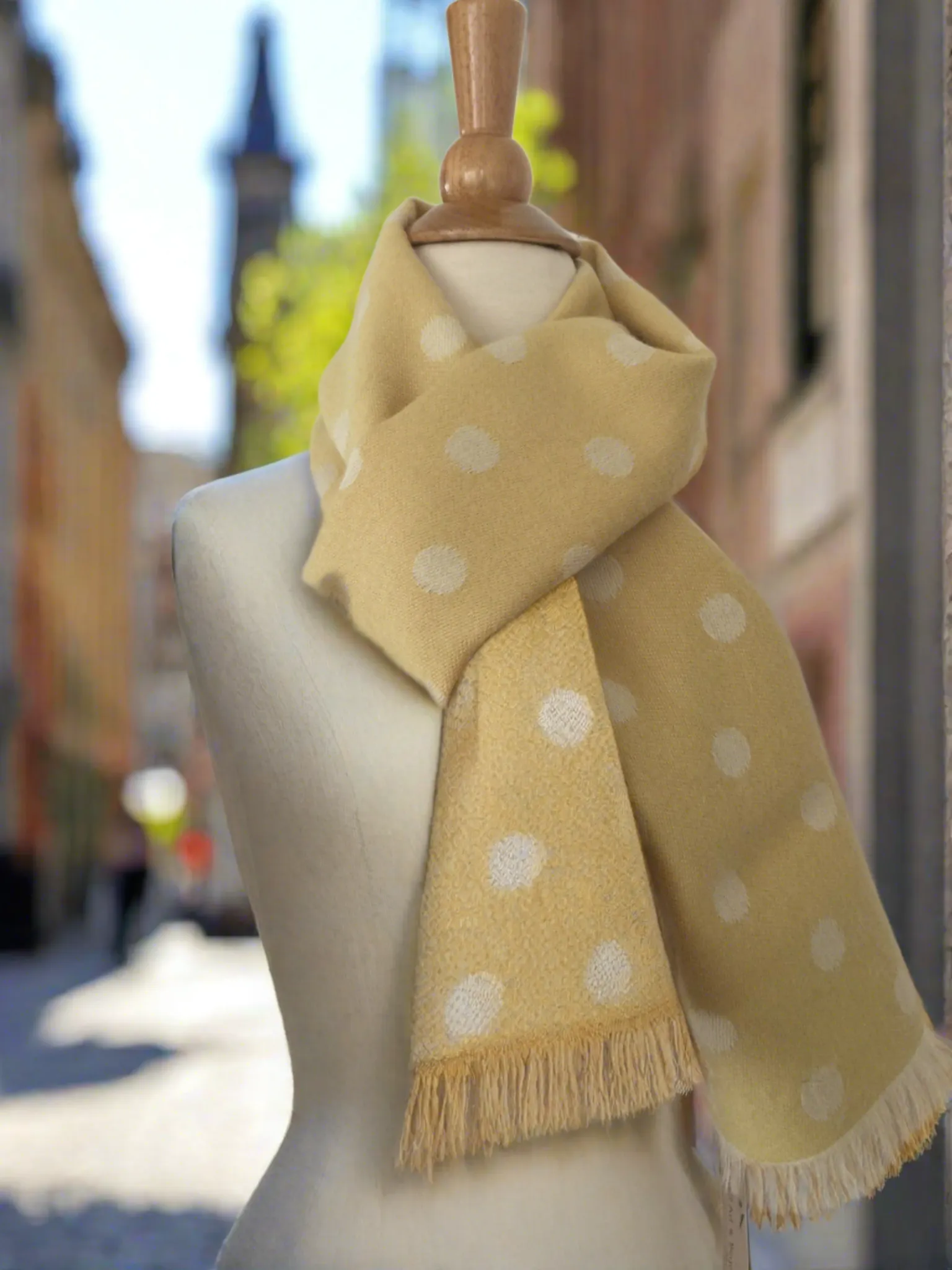 Lemon Zest Polka Dots 100% Baby Alpaca Fringe Scarf Reversible - Peru