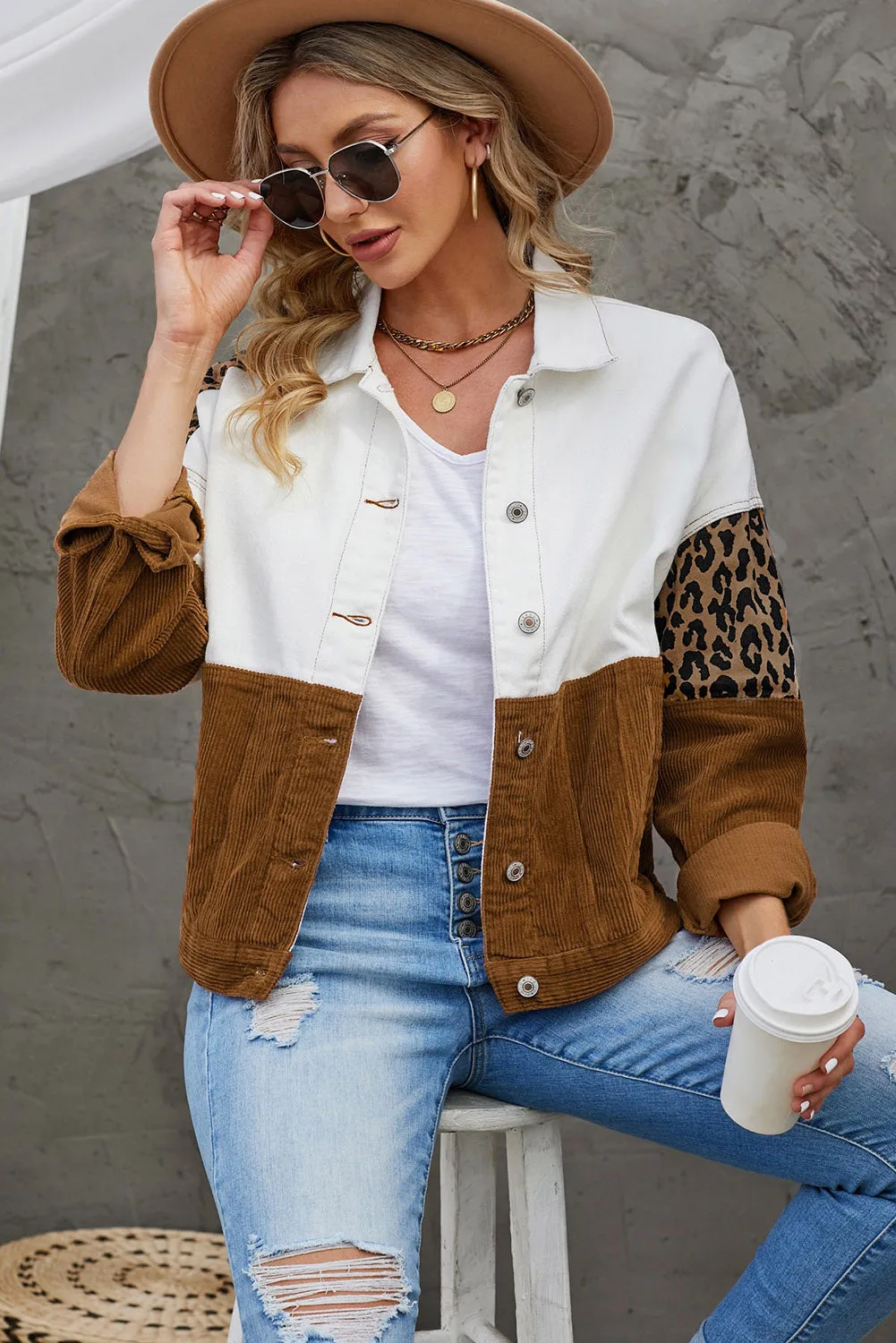 Light Jacket Women's Leopard Color Block Button-Up Corduroy Shacket