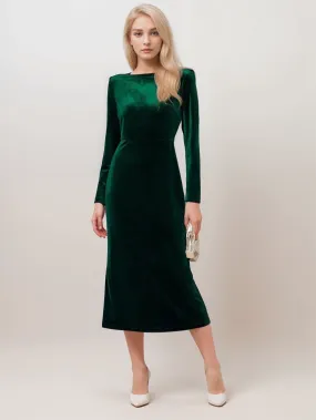 Long Sleeves Boat Neck Velvet Dress with Draped Crisscross Back