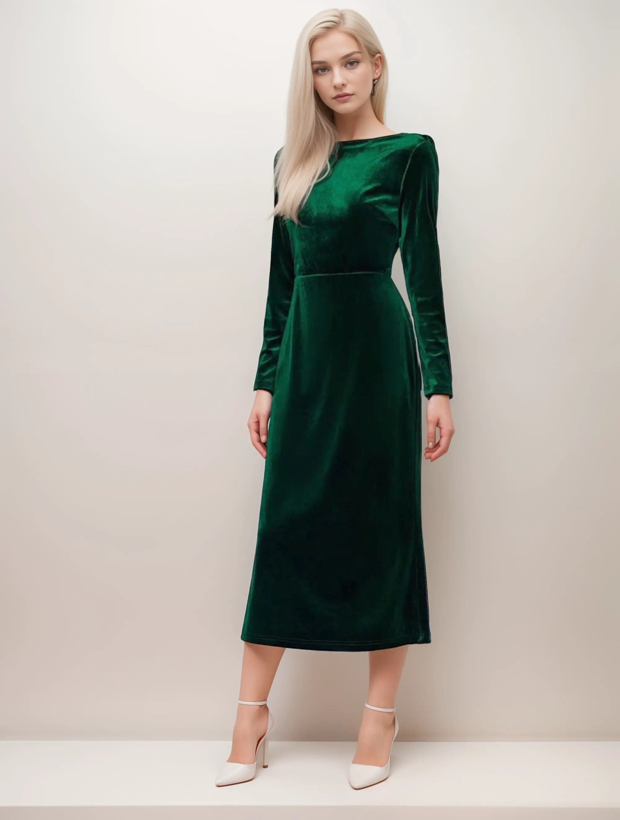 Long Sleeves Boat Neck Velvet Dress with Draped Crisscross Back