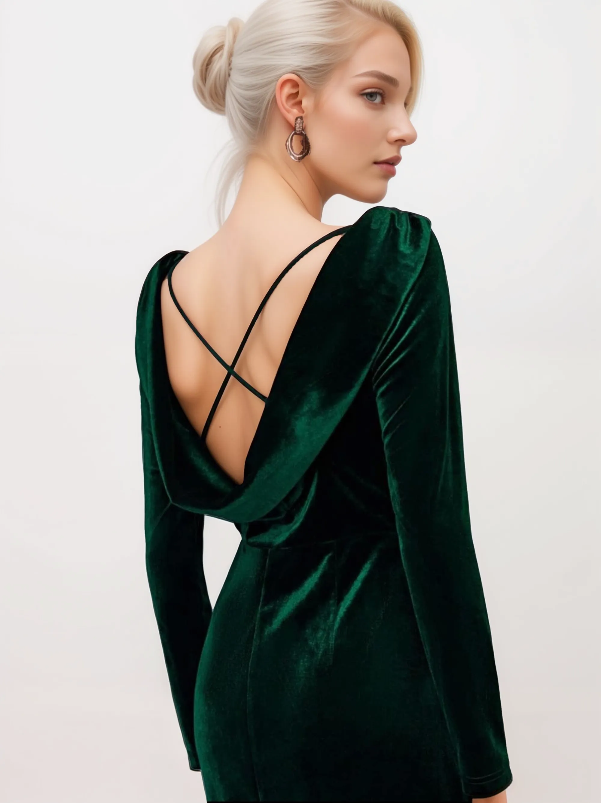 Long Sleeves Boat Neck Velvet Dress with Draped Crisscross Back