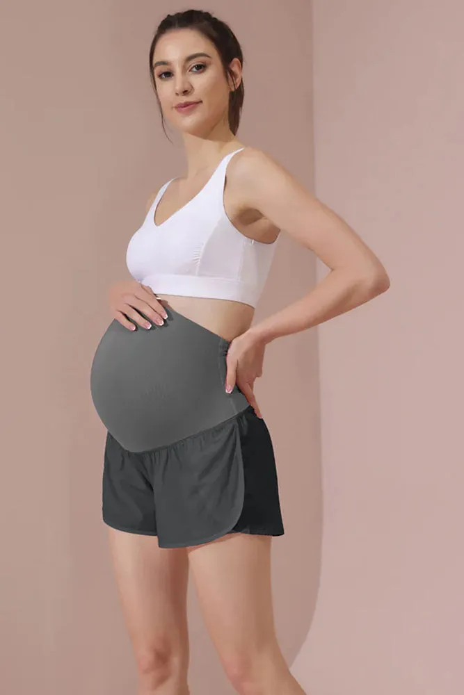 Maacie Grey Women Maternity Layered Fast Drying Yoga Shorts with Liner Inner Pocket