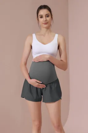 Maacie Grey Women Maternity Layered Fast Drying Yoga Shorts with Liner Inner Pocket