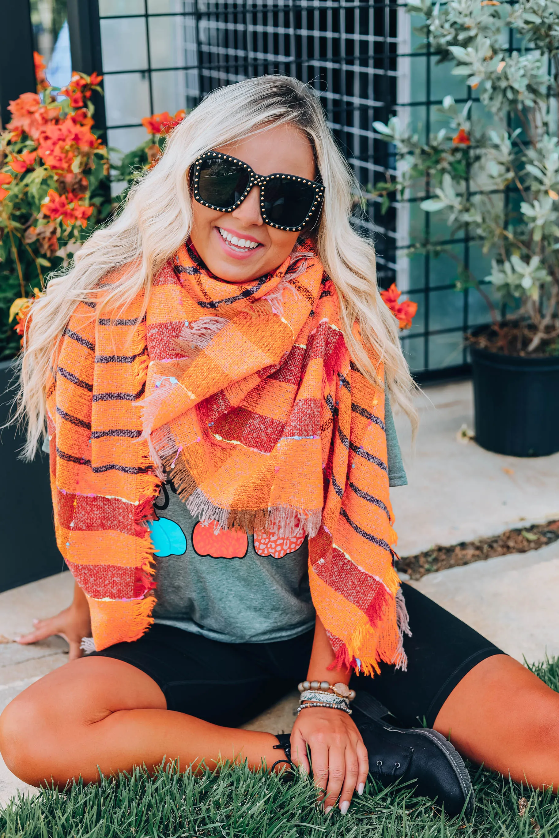 Madras Plaid Blanket Scarf - Orange