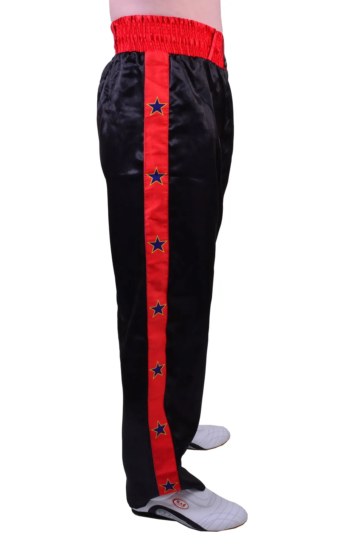 MAR-087B | Black & Red Kickboxing Trousers w/ Embroidered Writing