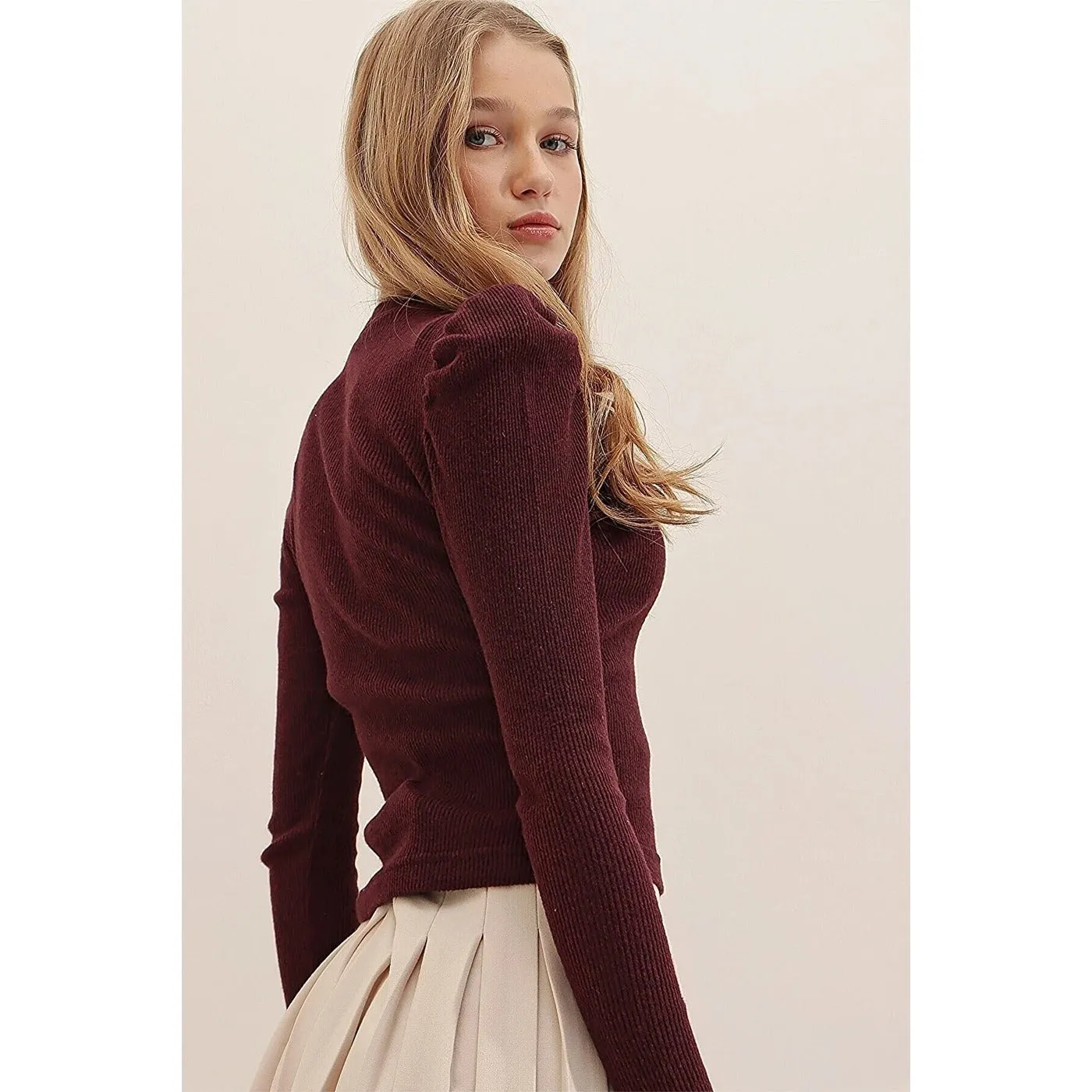 Maroon Puff Shoulder Turtleneck Top