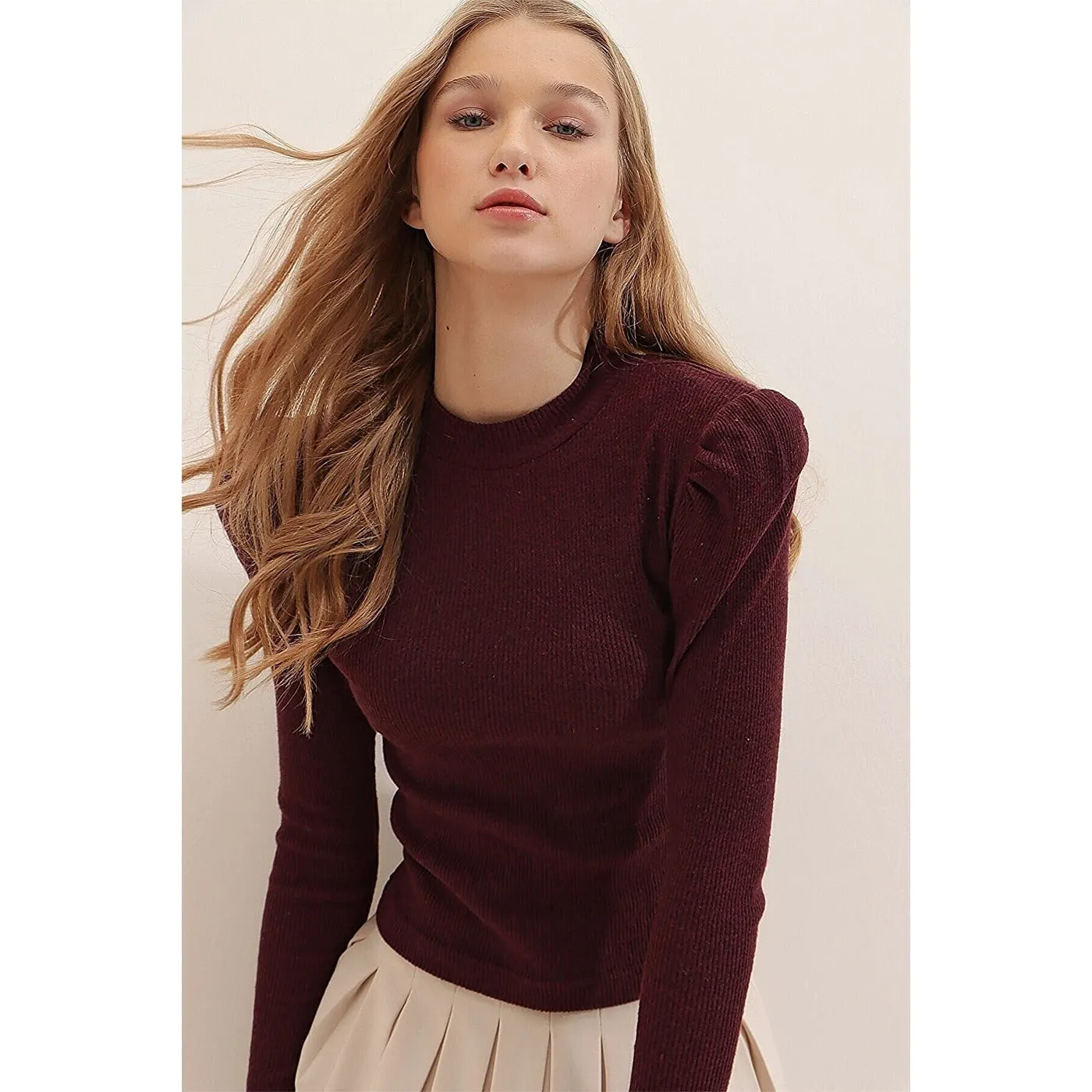 Maroon Puff Shoulder Turtleneck Top