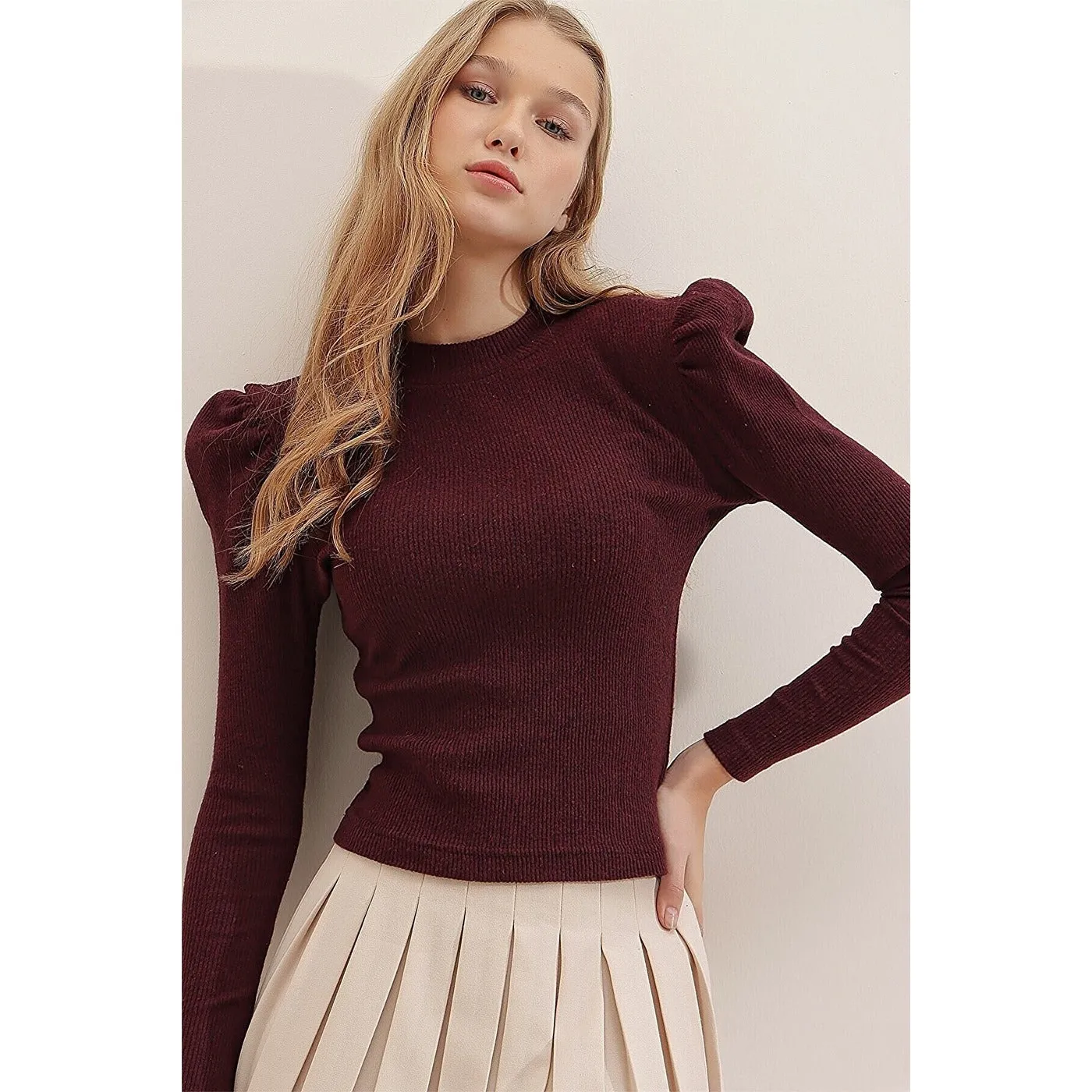 Maroon Puff Shoulder Turtleneck Top